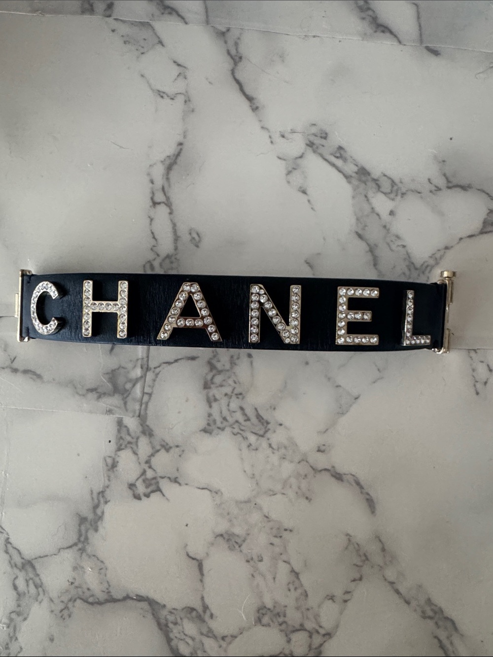 Chanel Leather and Strass "CHANEL" Logo Cuff Bracelet
